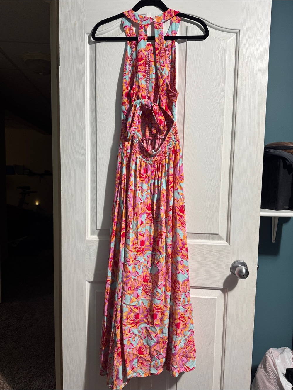 Abel The Label Floral Halter Maxi Dress Large Smocked Waist Boho Tropical Summer - Picture 3 of 10